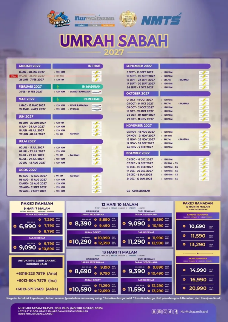 Pakej Umrah Sabah Nur Multazam Travel & Services 2026-2027