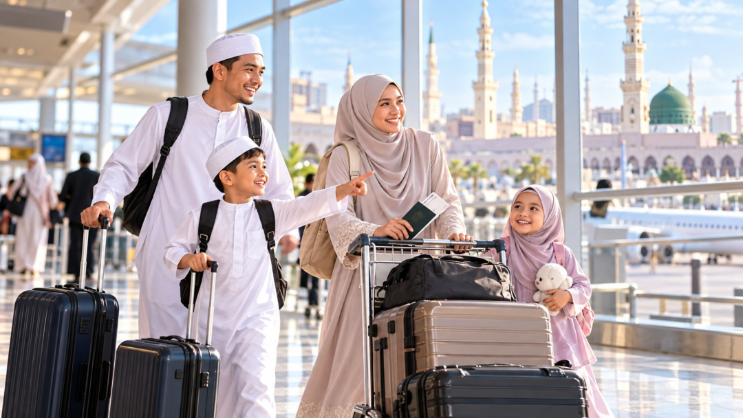 Keluarga dengan anak kecil dalam perjalanan Umrah sebagai ilustrasi pemilihan hotel