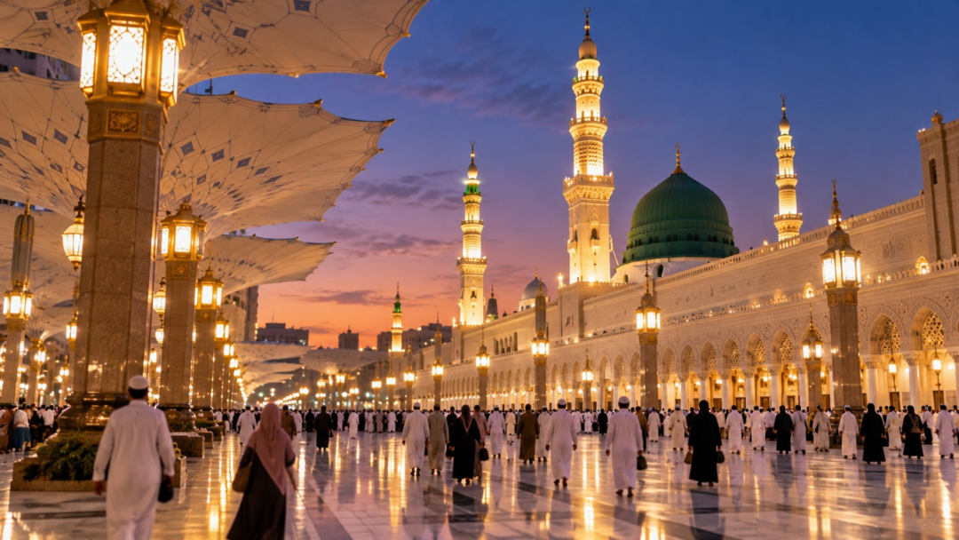Suasana Masjid Nabawi waktu senja untuk artikel Umrah Ramadan Sabah 2027