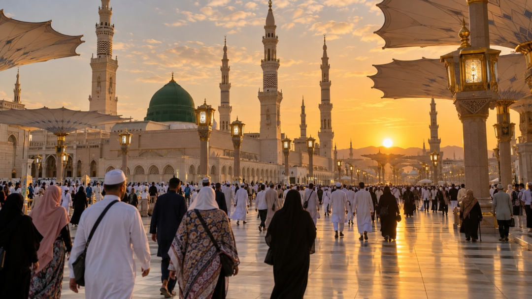 Suasana Masjid Nabawi ketika matahari terbenam untuk artikel Umrah Ramadan Sabah 2027